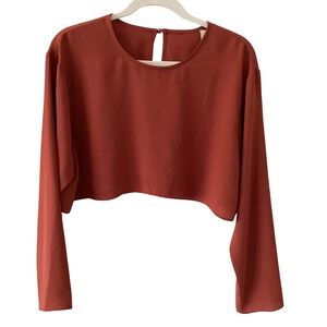 Luxely Rust Orange Long Sleeve Cropped Blouse Keyhole Back Size 14 Minimalist